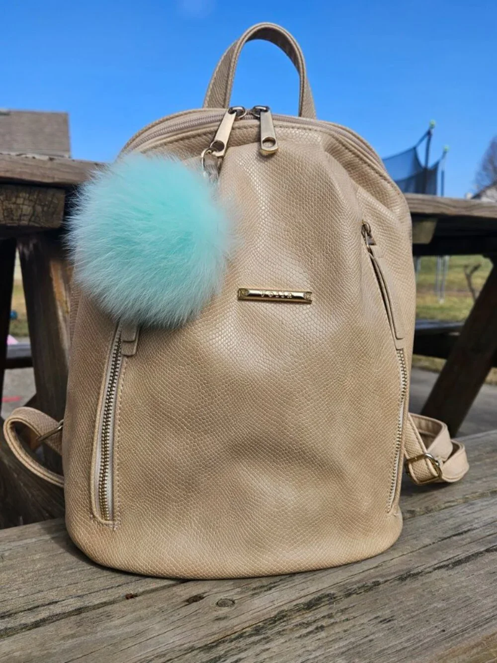Mint Real Fox Fur Pompom Bag Charm, Real Fur Keychain, Backpack accessory